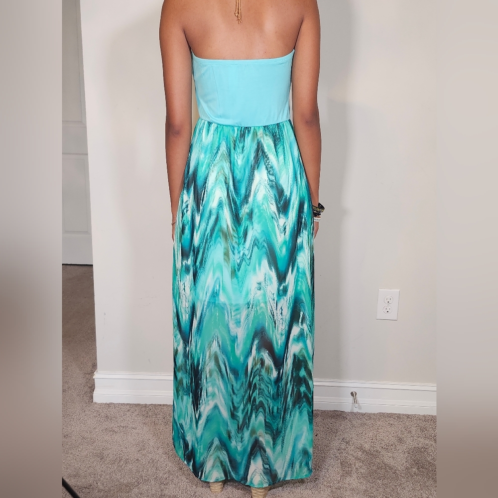 Emerald Tube Top Blue Green Chiffon Flowy Beach Casual Maxi Dress S L - Picture 2 of 8